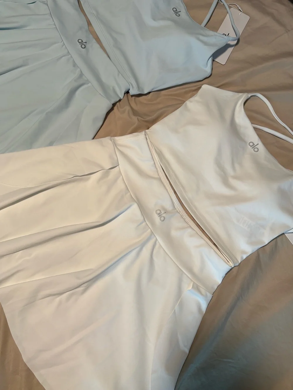 ALO Yoga White Strappy Crop Top & Pleated Skirt Set